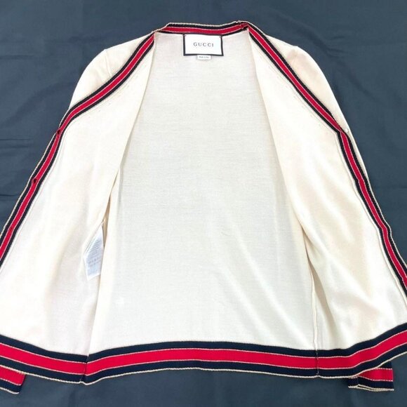 Authentic Gucci Ivory Cream Web Stripe Trimmed Buttons Wool Cardigan Sweater S - Picture 4 of 13
